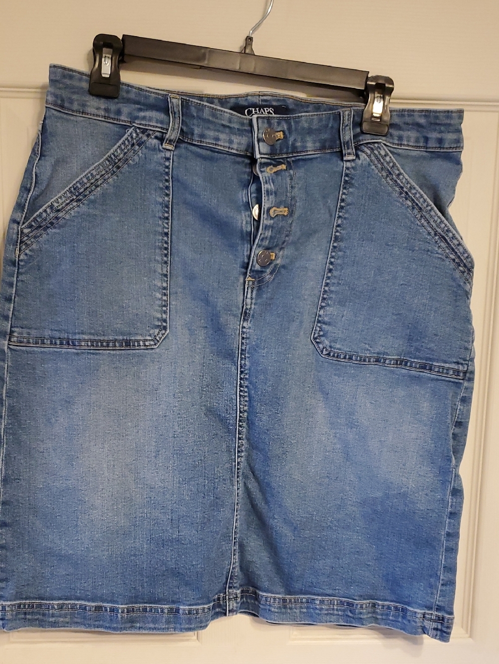 Chaps Blue Denim Button-Front Skirt with Patch Pockets